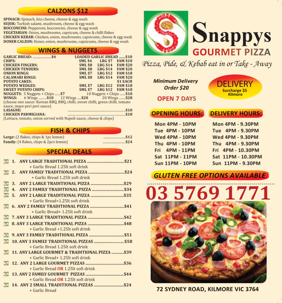 Our Menu - Snappys Pizza & Kebab Kilmore